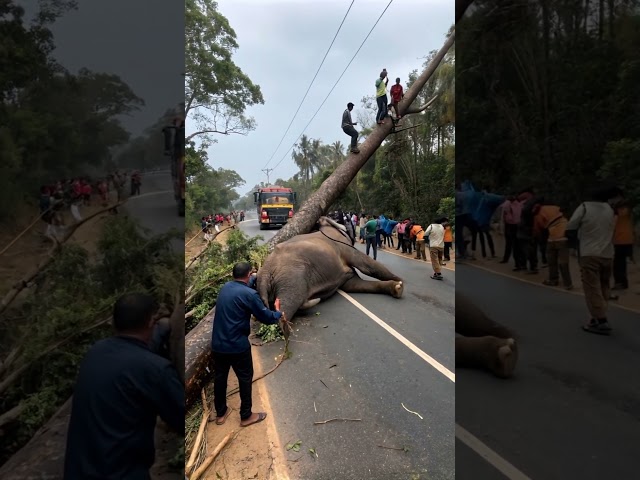 A tree has fallen on an elephant and many people are trying to remove the tree #shortvideo #elephant