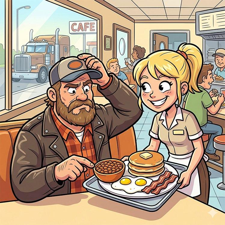 A long-haul trucker slid into a booth at a busy highway café