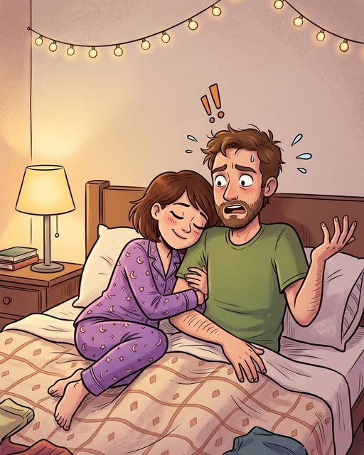 A husband and wife are in bed.
