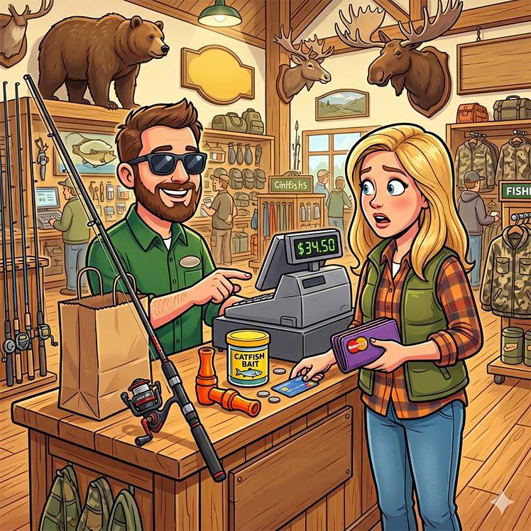 A woman walks into Cabela’s to buy a fishing rod and reel